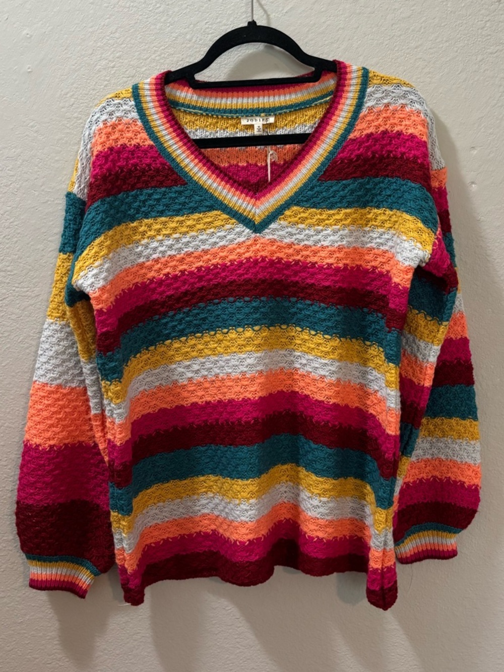 Jodifl Rainbow Striped Chunky Knit V-Neck Sweater Size Medium NWT